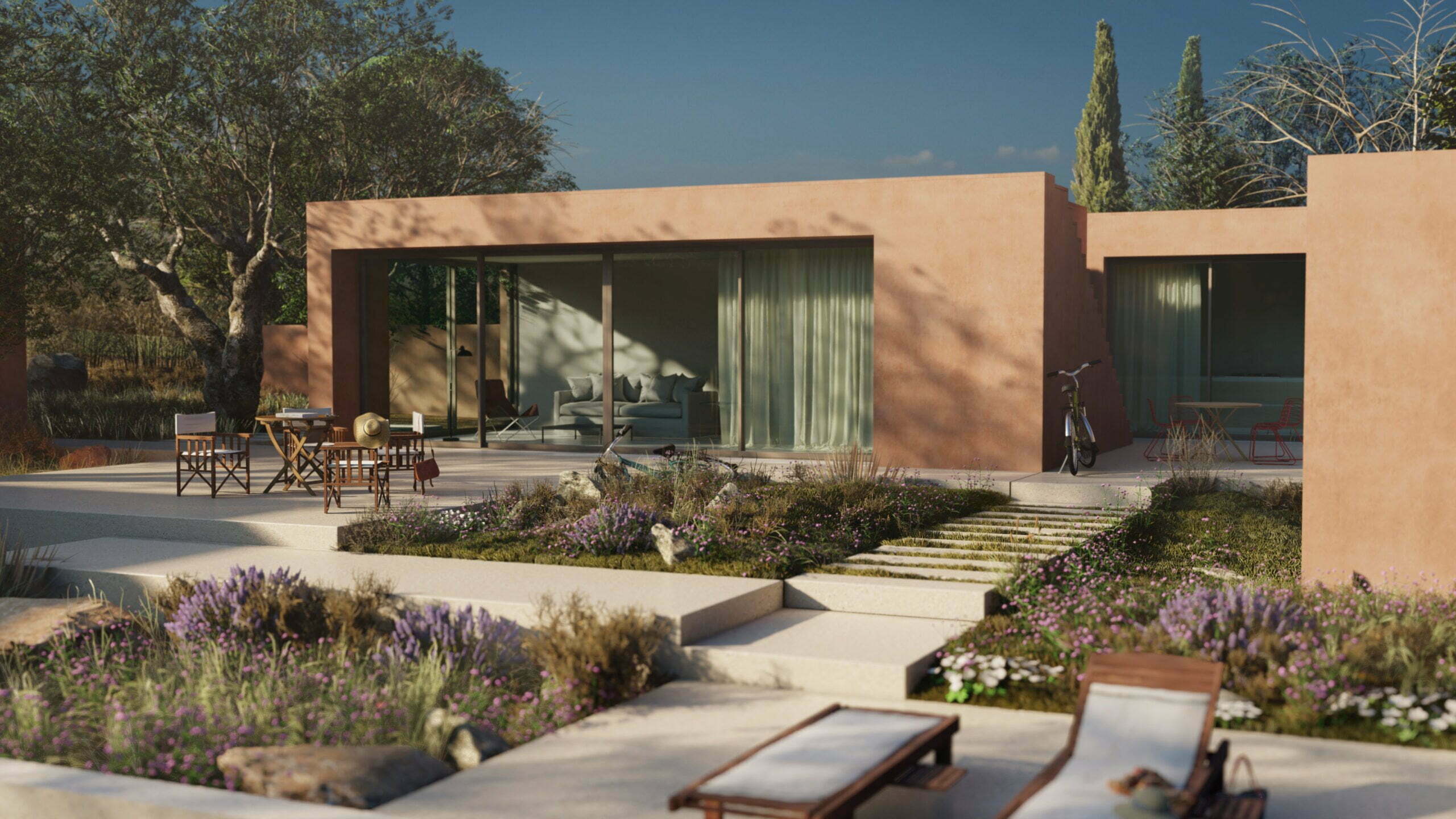 modern brown house with garden. Big windows