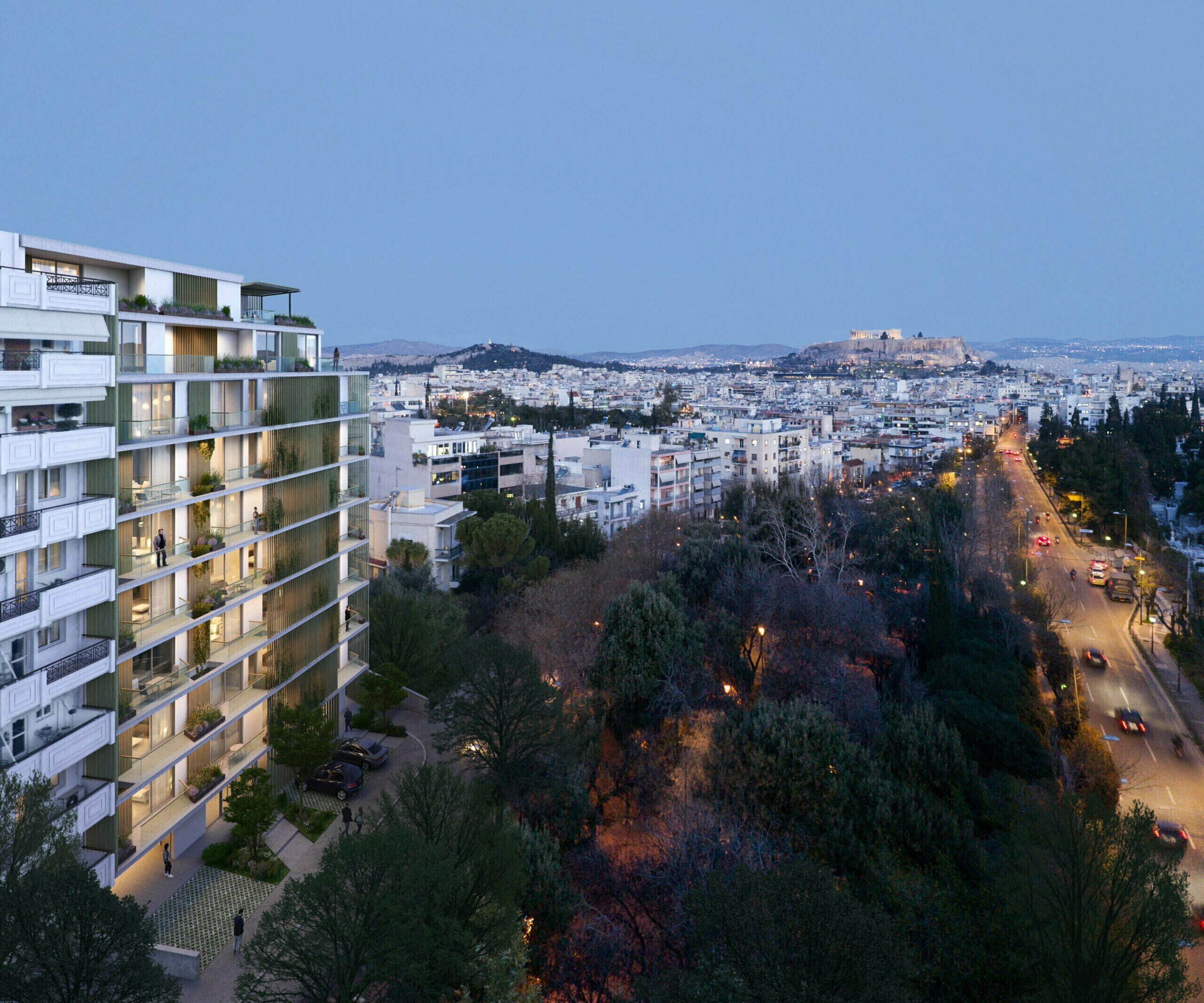 Tall buildings. Sunset. Green park and highway. Center of Athens